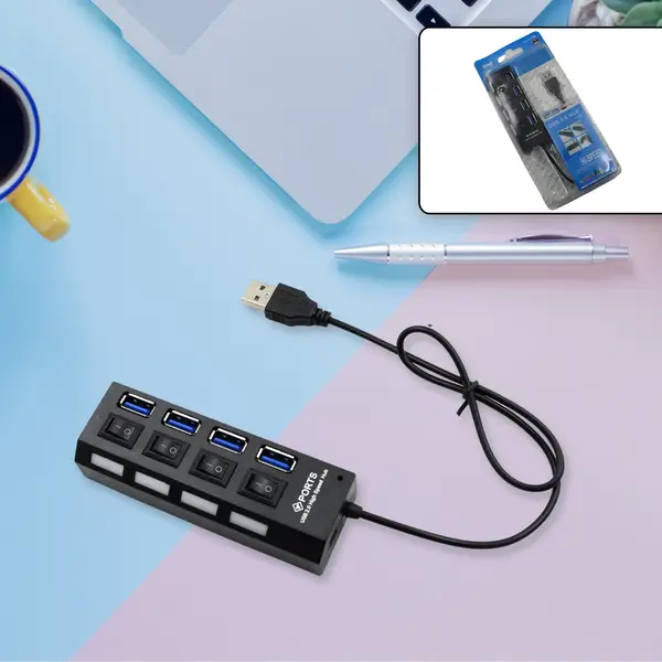 [6995_usb_4port_data_hub] 4 Port USB, HUB USB 2.0 HUB Splitter High Speed with On/Off Switch Multi LED Adapter Compatible with Tablet Laptop Computer Notebook