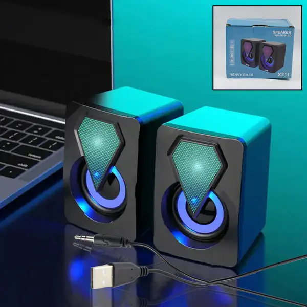 [13359_plug_n_play_desk_speaker_2pc] RGB Desktop Speakers, Plug, and Play USB Powered Speaker (2 Pc Set)