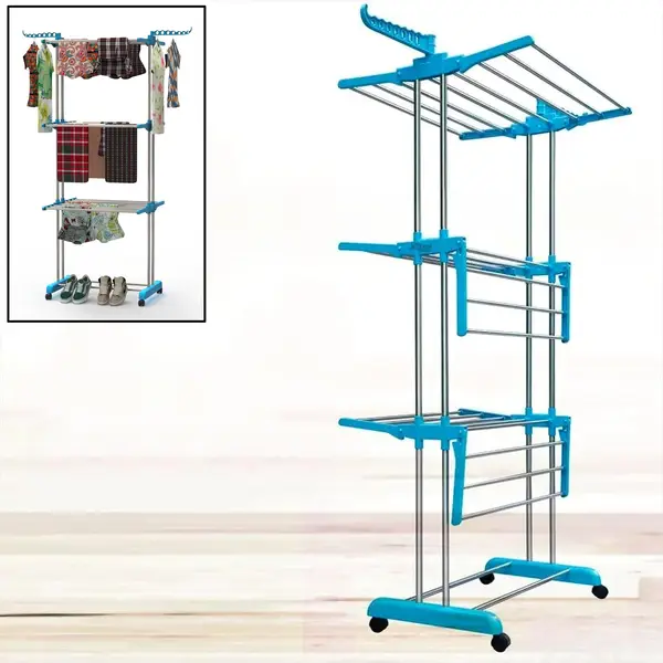 [18222_ss_3layer_cloth_stand_color_box] Premium Heavy Duty Stainless Steel 3 Layer Foldable Cloth Drying Stand (1 Set / With Colour Box)