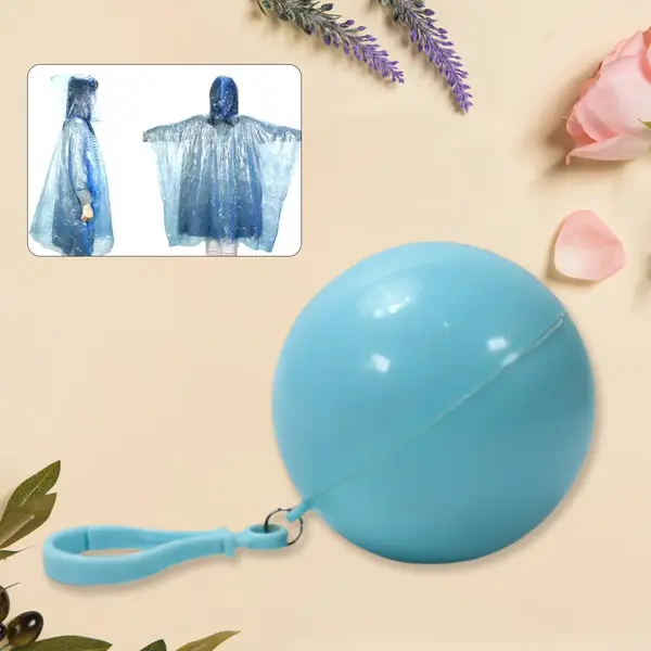 [12742_disposable_raincoat_n_ball_case] Disposable Raincoat for Kids with Hood and Attachable Round Case, Clear Plastic Raincoats for Emergency, Girls, Boys Disposable Emergency Ball Raincoat For Traveling and Outdoor Activities (1 Pc / Multicolor)