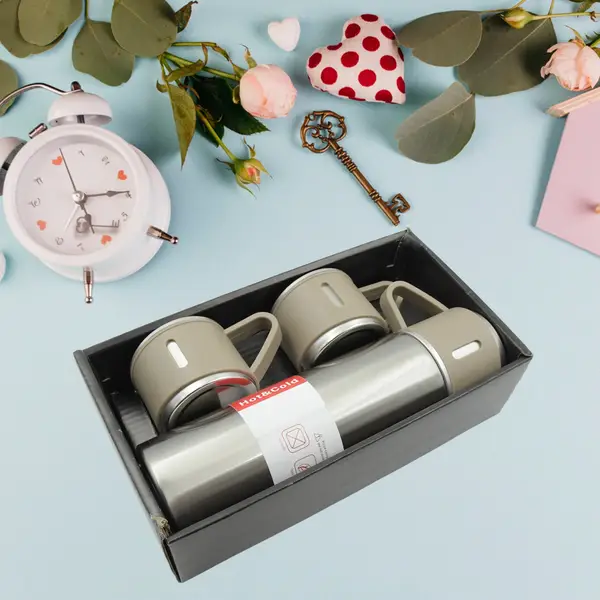 [2834_500ml_vacuum_flask_set] Stainless Steel Vacuum Flask Set with 3 Steel Cups Combo for Coffee Hot Drink and Cold Water Flask Ideal Gifting Travel Friendly Latest Flask Bottle. (500ml)
