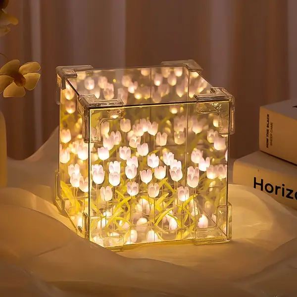 [13675_cube_tulip_flower_night_lamp] Cube Tulip Night Lamp | Led Decorative Nights Lamp (Multicolor & Design / 1 Set)