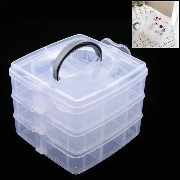 [2644_3tire_18sec_storage_box] 3-Tier 18 Sections Transparent Stackable Adjustable Compartment Slot Plastic Craft Storage Box