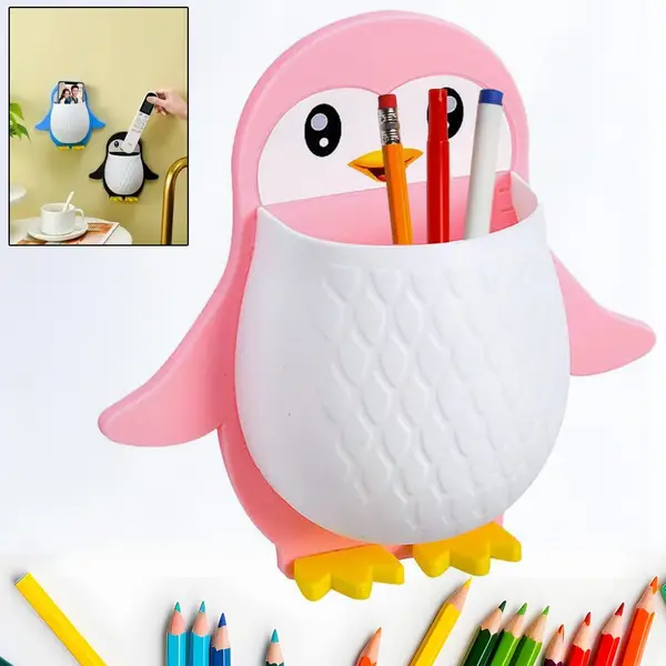 [17688_penguin_basket_1pc] Penguin Storage Box, Adhesive Remote Case, Electric Toothbrushes Holder, Universal Controller Holder, Wall Nightstand, Office Plastic Wall Mount