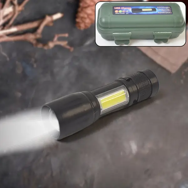 [7526_mini_led_torch_light] LED USB Rechargeable Mini Flashlight – Ultra-Bright Zoom & COB Side Lantern, Tactical Emergency Light