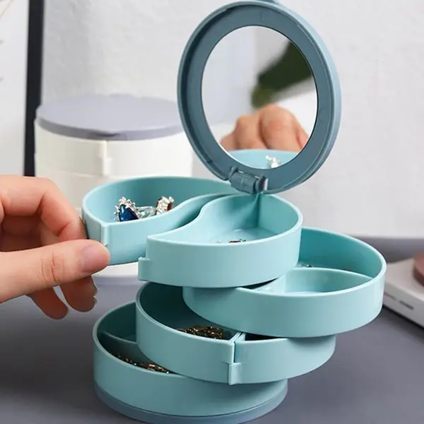 [4083_4l_jewellery_box_with_mirror] 4 Layers Jewellery Box, 360 Degree Rotating Jewelry Box, Jewelry and Earring Organizer Box with Mirror, Accessory Storage Box, Travel Decor Portable Jewelry Case Ornaments Storage Box Necklace Jewelry Organizer Jewelry Organizer Box