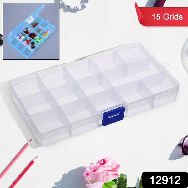[12912_15grid_jewelry_organizer] 15-Grid Clear Plastic Jewelry Organizer Box with Dividers (1 Pc)