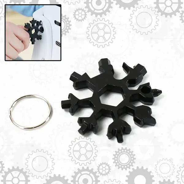 [15002_18in1_snowflake_tool_black] Durable 18-in-1 Snowflake Multi-Tool – Portable Bottle Opener, Phillips Screwdriver & Wrench Kit
