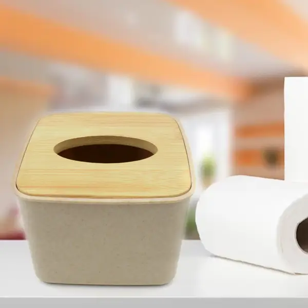 [8846_tissue_box_with_wooden_lid] Tissue Box Desktop Stand Bamboo Tissue Cover Box Rectangular Paper Towel Holder Removable Tissue Dispenser for Bathroom Vanity Countertop Bedroom Car Holder Paper Towels Dispenser (1 Pc )