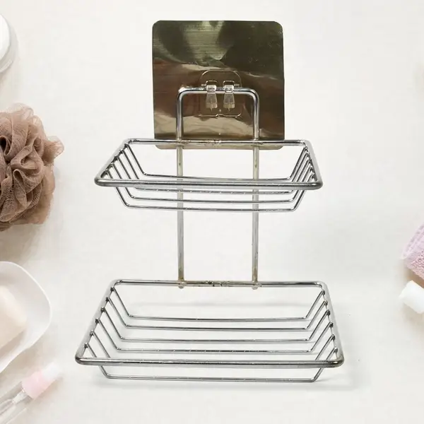 [1763_2layer_ss_soap_rack_with_hook] Kitchen Bathroom Soaps Storage Rack with 2 Hook for Home