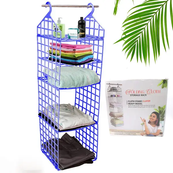 [4670_5l_folding_cloth_hanger_blue] Multipurpose 5 Layer Folding Clothes Storage Racks||Closet for Students Wardrobe Shelves Socks, Scarf, t-Shirt, etc||Hanging Organizer Storage Holders & Racks