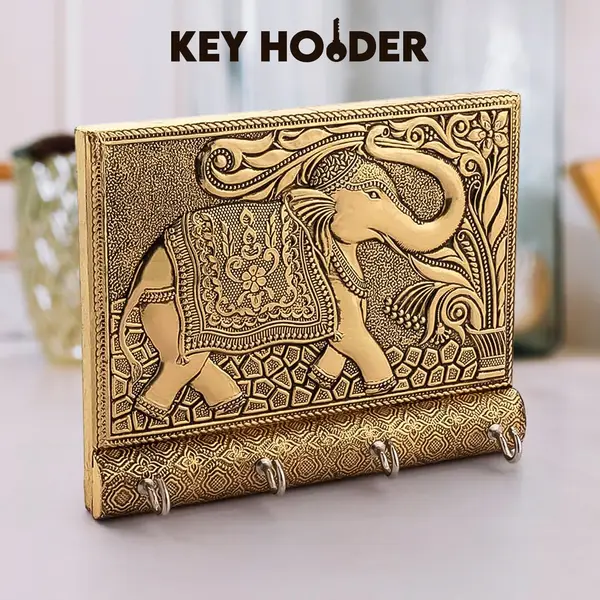 [9607_wooden_4_hook_key_holder_1pc] Wooden Key Holder for Home Decor Stylish Metal Gold Antique Elephant Design (1 Pc)