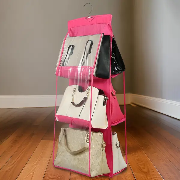 [13263_hanging_bag_organizer] 6 Pockets Hanging Purse Handbag Organizer Clear Hanging Shelf Bag (1 Pc)
