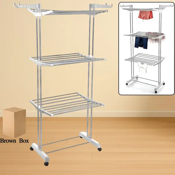 [15555_3l_ss_cloth_drying_stand_with_wheels] 3-Tier Foldable Stainless Steel Cloth Drying Stand with Wheels
