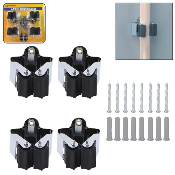 [15359_wall_mount_broom_holder_4pc] Multifunction Wall Mount Garage Holder for Mop / Broom / Hanger (4 Pcs Set)
