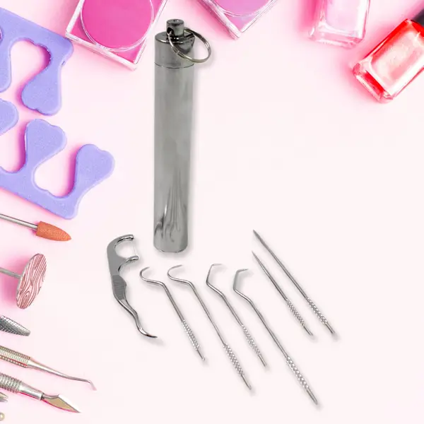[6339_ss_toothpick_with_case_7pc] 7 IN 1 STAINLESS STEEL TOOTHPICK FLOSSIER SET (1 SET / With Case)