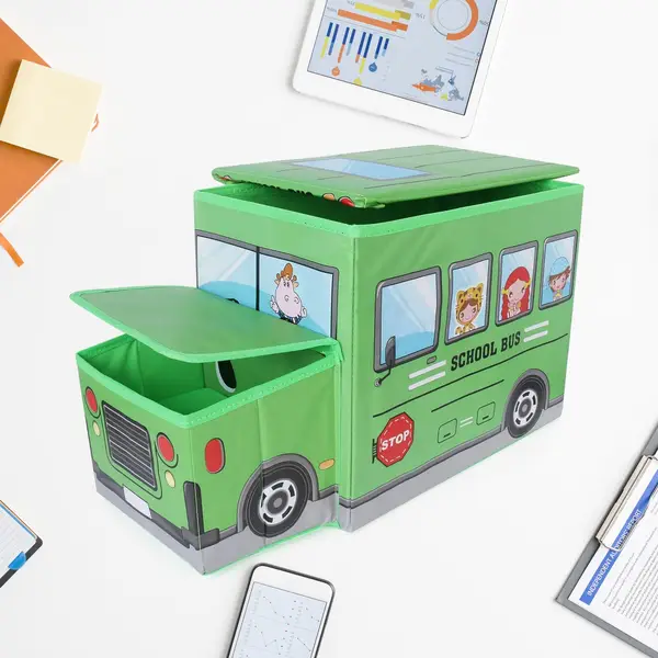[4300_foldable_storage_toy_box] Foldable Bus Shape Toy Box Storage with Lid for Storage of Toys Basket Useful as Toy Organizer mountable Racks Surface Multipurpose Basket for Kids Wardrobe Cabinet Wood with Cloth Cover For Home Decor Books, Game, Baby Cloth (Mix Color & Design )
