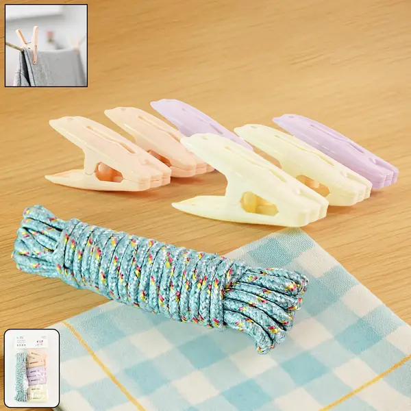 [15551_cloth_drying_rope_with_6_clip] Clothesline Rope with 6 Clips – 6 Meter Approx Heavy Duty Laundry Drying Rope with Clip