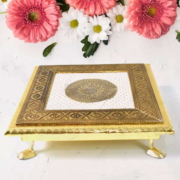 [8142_golden_square_pooja_bajot_1pc] Golden - Square Pooja Chowki Patla / Bajot (20×20 CM / 1 Pc)