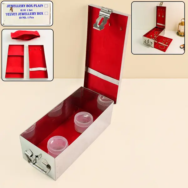 [14209_premium_ss_jewellery_storage_box] Premium Stainless Steel Velvet Lined Jewellery Storage Box with Lock and Red Interior