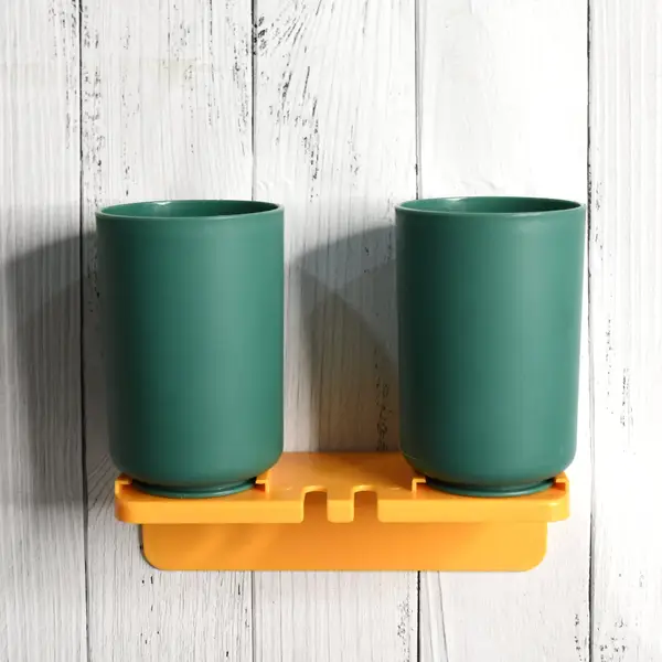 [18296_multi_adhesive_holder_with_2_cup] Multipurpose Wall Mount Toothbrush Holder Plastic Stand With 2 Cup  (1 Set)