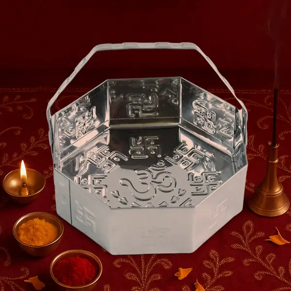 [14210_traditional_ss_pooja_basket_1pc] Traditional Stainless Steel Octagon Pooja Basket 1 Pc with Handle