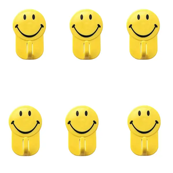[0604_smiley_hook_6pc] Plastic Self-Adhesive Smiley Face Hooks, 1 Kg Load Capacity (6pcs)