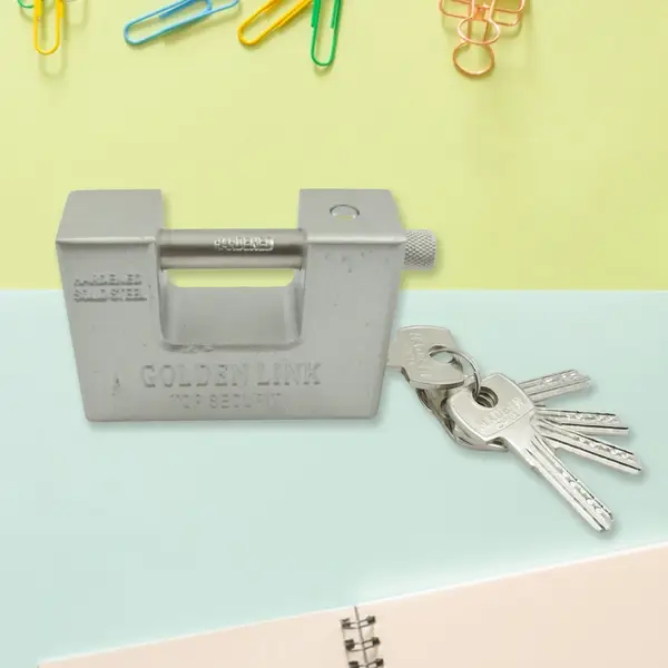 [9323_steel_pad_lock_94mm] 94mm Stainless Steel Padlock: Rectangular, Hardened Steel, 5 Keys