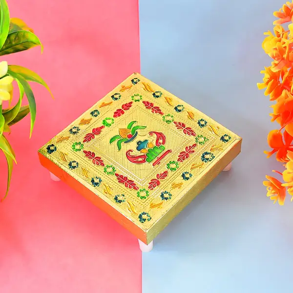 [2122_wooden_bajot_1pc] Handicraft Wood Chowki for Pooja , Wooden Bajot (1 Pc / Mix Descign & Color)